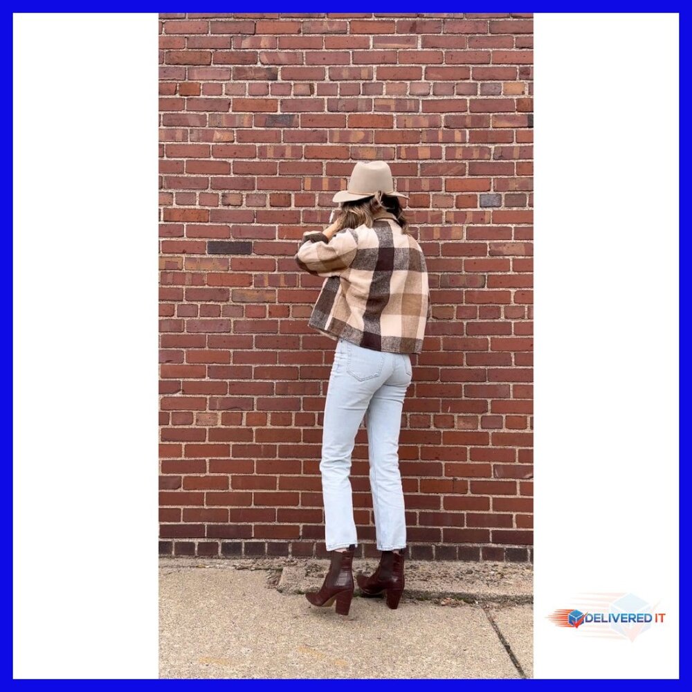 Cropped Flannel Shacket Plaid Button Down Jacket … - image 8